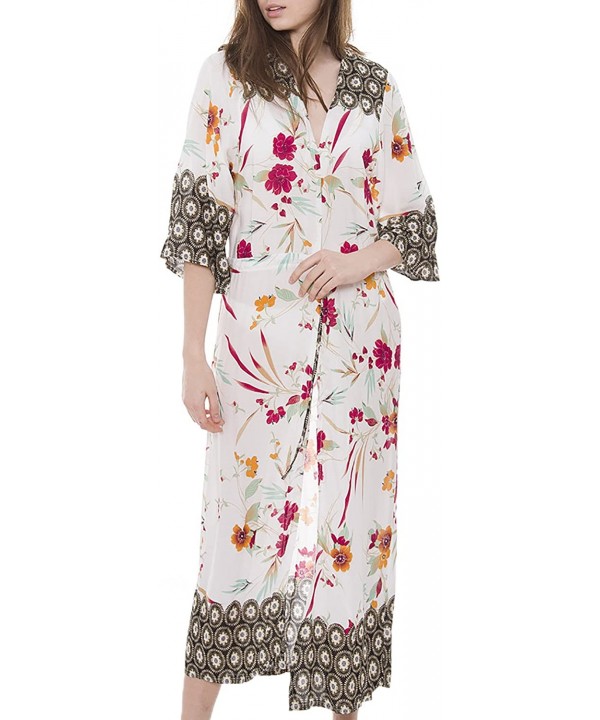 Women's Summer Long Floral Kimono Beach Swimsuit Cover up Gown Cardigan Top - Floral-white - CA18CS9L23H $12.04-Cover-Ups