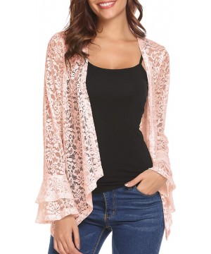 Women's Bell Sleeve Open Front Cardigans Lace Crochet Loose Casual Cover Up - Nude - C818S08H3YO $19.48-Cover-Ups