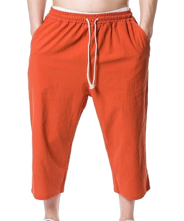 Mens Solid Drawstring 3/4 Length Loose Thin Beach Surf Cropped Pants - Orange2 - CN18G2L63XO $27.65-Board Shorts