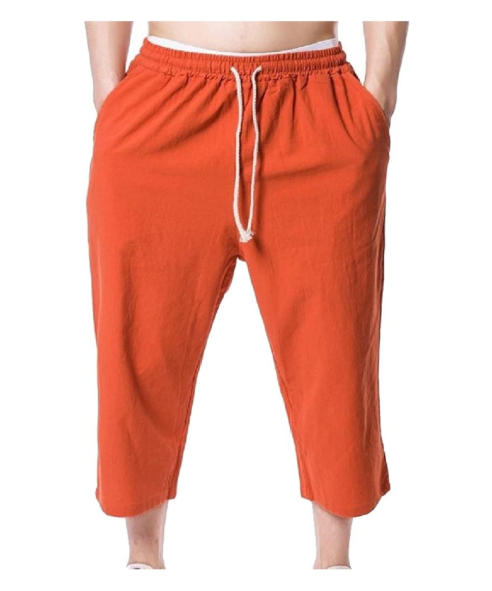 Mens Solid Drawstring 3/4 Length Loose Thin Beach Surf Cropped Pants - Orange2 - CN18G2L63XO $27.65-Board Shorts