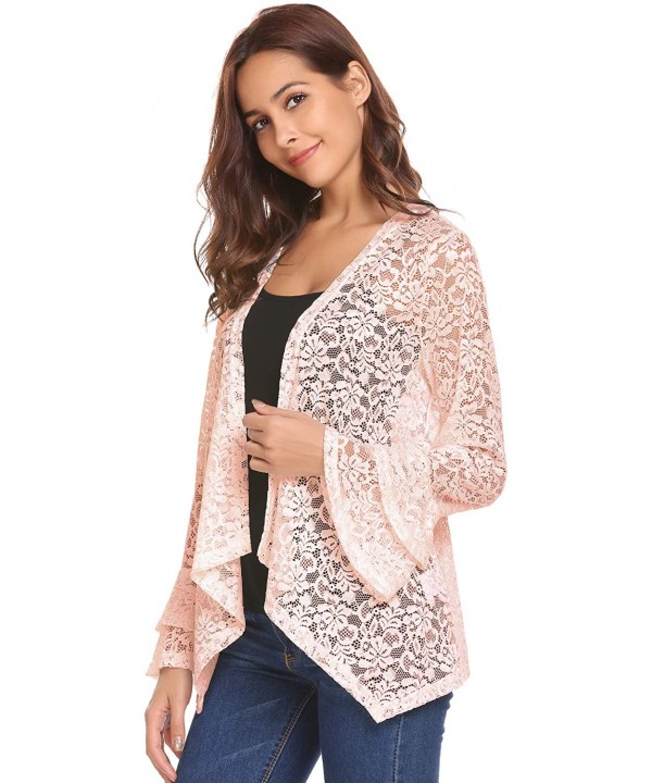 Women's Bell Sleeve Open Front Cardigans Lace Crochet Loose Casual Cover Up - Nude - C818S08H3YO $19.48-Cover-Ups