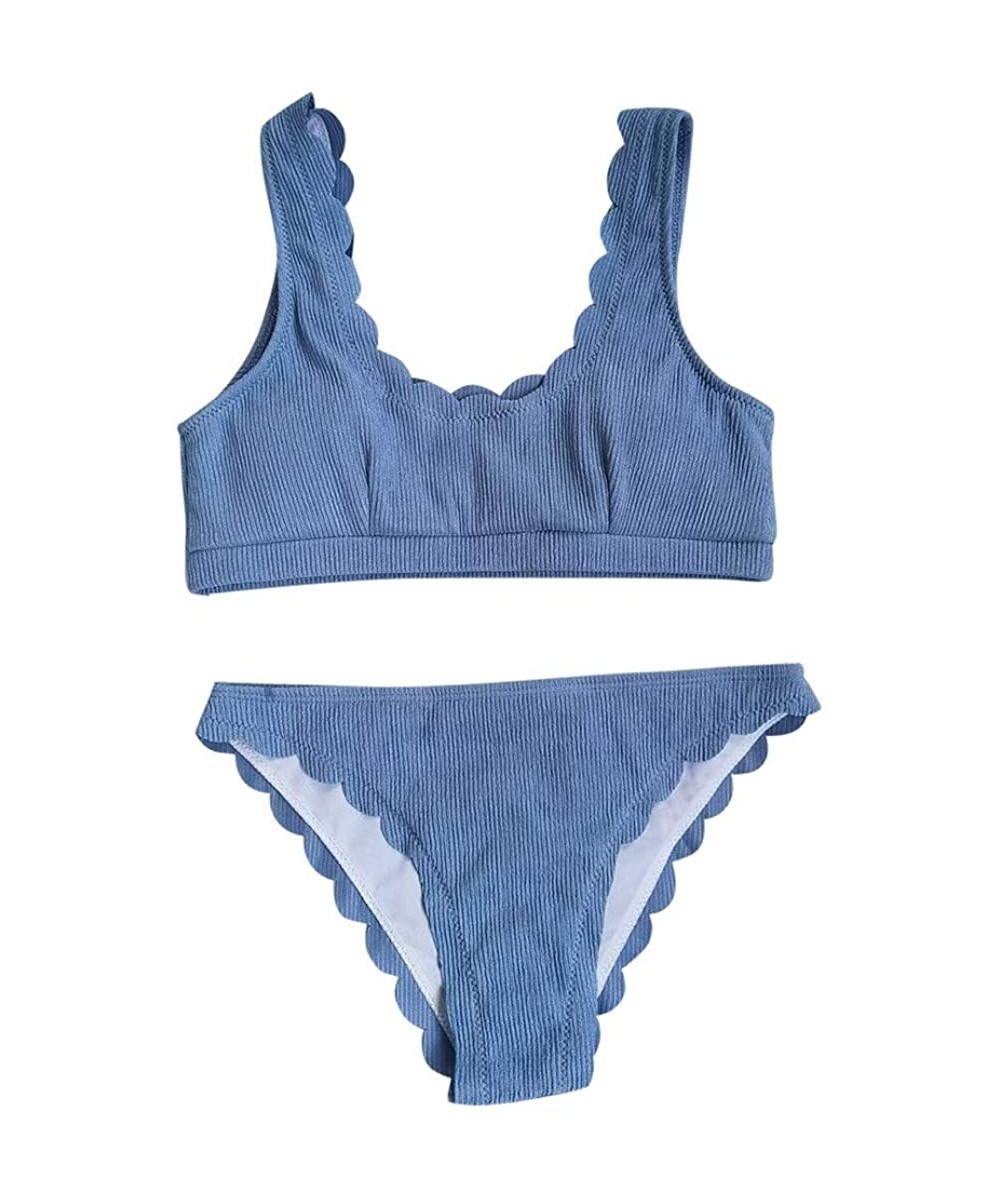 Womens Two Piece Swimsuits Solid Scalloped Trim High Cut Bikini Set Cosy Bay Lace Up Back Bathing Suits - Bluea - CZ19CXQL7H2...