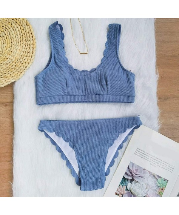 Womens Two Piece Swimsuits Solid Scalloped Trim High Cut Bikini Set Cosy Bay Lace Up Back Bathing Suits - Bluea - CZ19CXQL7H2...