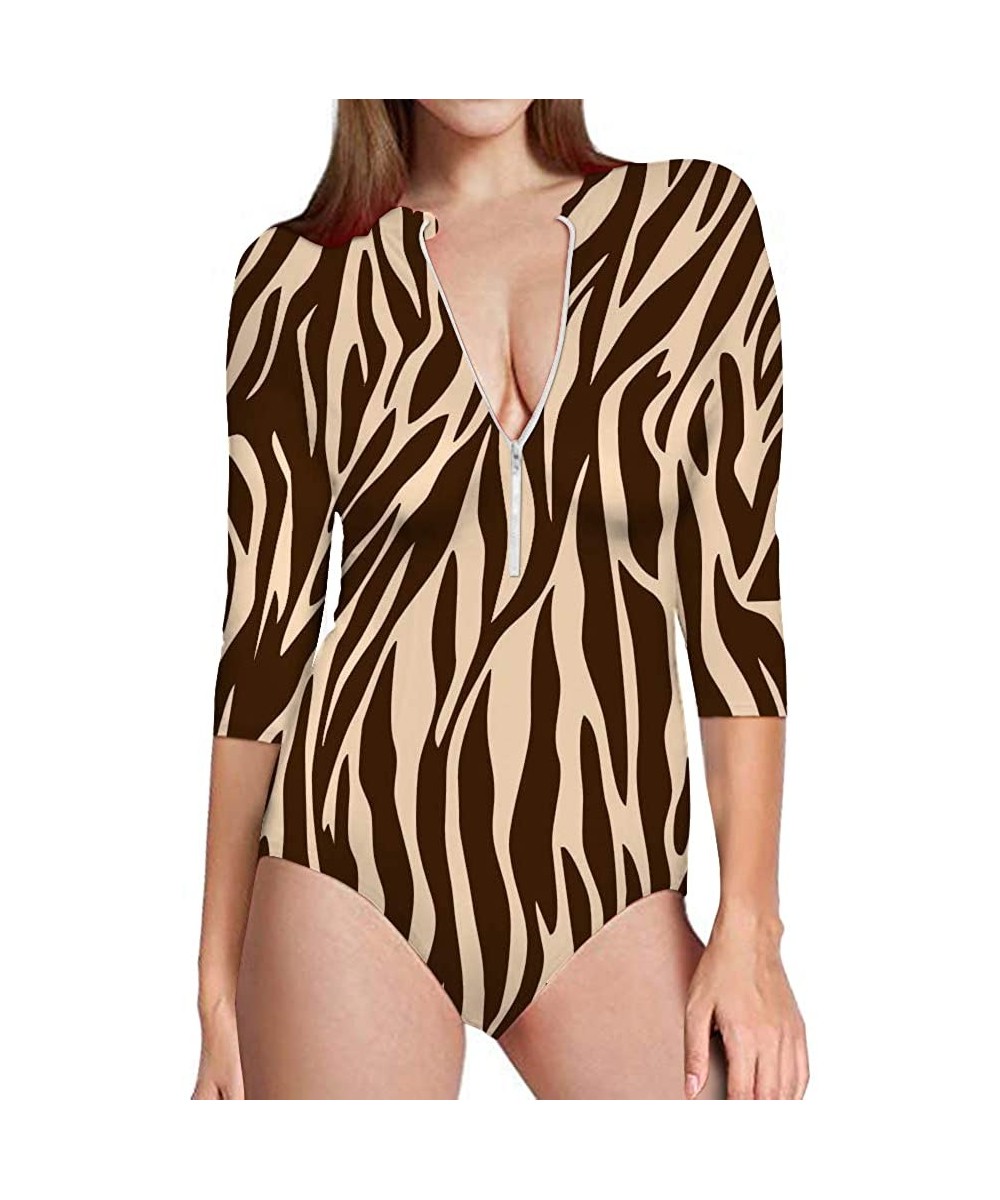 Womens 3/4 Long Sleeve Rash Guard One Piece Swimsuit Slim Fit Bathing Suits - Leopard-4 - CG18R7L9892 $24.45-Racing