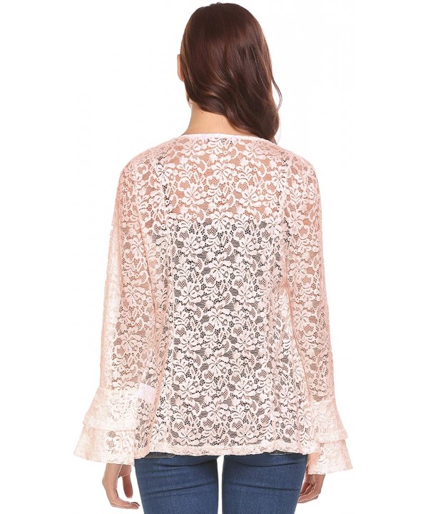 Women's Bell Sleeve Open Front Cardigans Lace Crochet Loose Casual Cover Up - Nude - C818S08H3YO $19.48-Cover-Ups