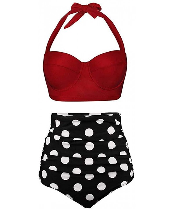 Women Halter Neck Swimsuit Adjustable Strap Floral Print Bikini Set Bathing Suit Swimwear - Dark Red - C8198W76RC5 $30.53-Sets