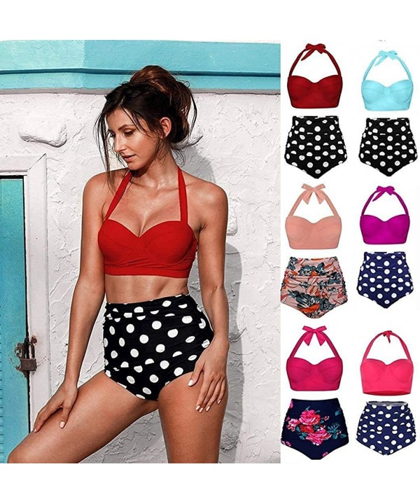 Women Halter Neck Swimsuit Adjustable Strap Floral Print Bikini Set Bathing Suit Swimwear - Dark Red - C8198W76RC5 $30.53-Sets