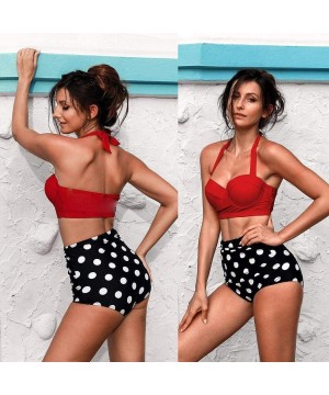 Women Halter Neck Swimsuit Adjustable Strap Floral Print Bikini Set Bathing Suit Swimwear - Dark Red - C8198W76RC5 $30.53-Sets