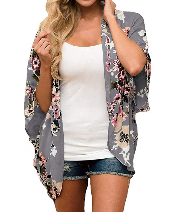 Women's Floral Print Kimono Cardigan Loose Cover Up Casual Blouse Tops - A-gray - CN19798RA2Q $11.76-Cover-Ups