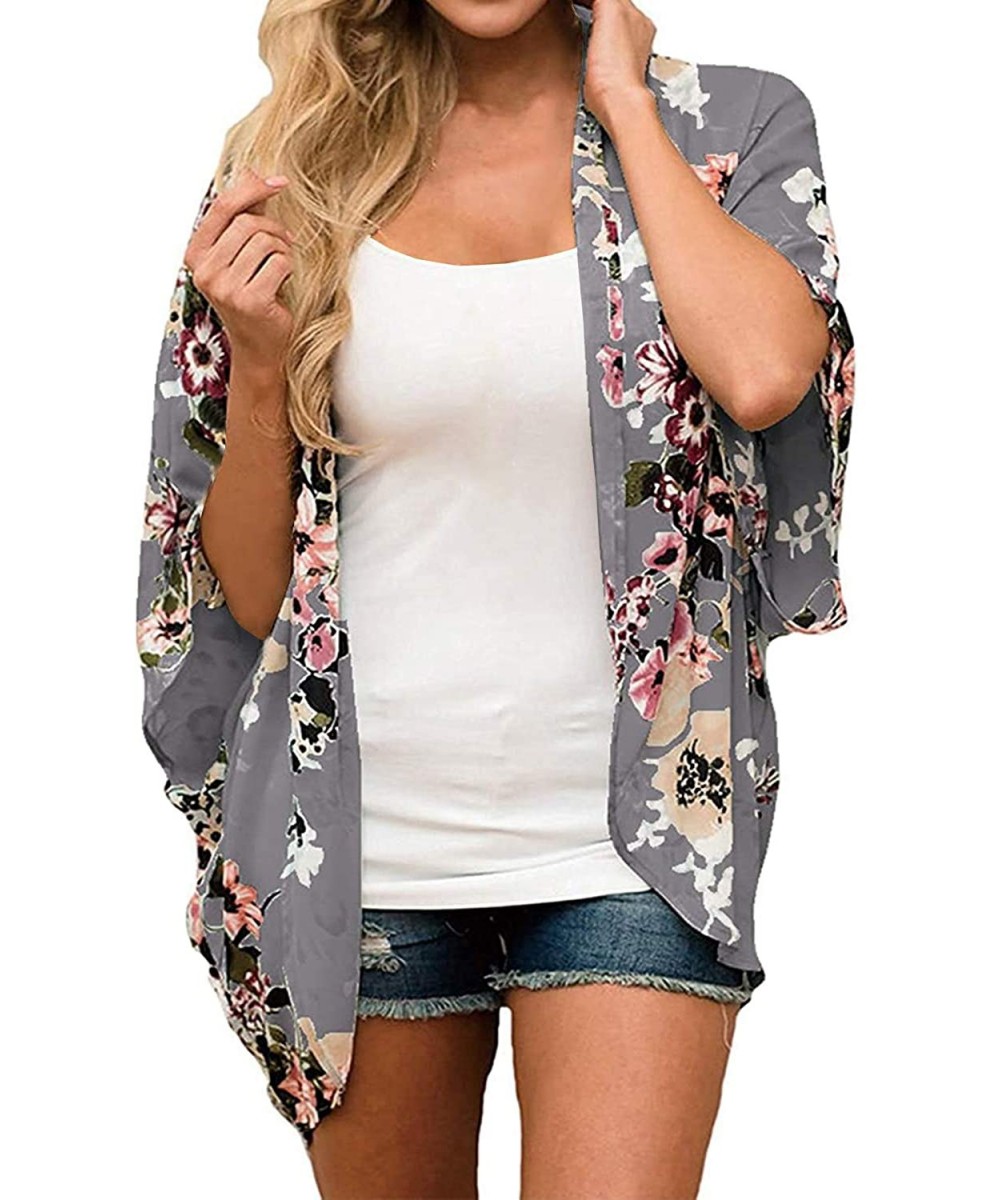 Women's Floral Print Kimono Cardigan Loose Cover Up Casual Blouse Tops - A-gray - CN19798RA2Q $11.76-Cover-Ups