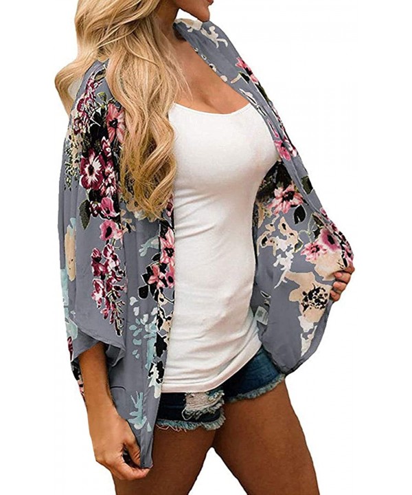 Women's Floral Print Kimono Cardigan Loose Cover Up Casual Blouse Tops - A-gray - CN19798RA2Q $11.76-Cover-Ups