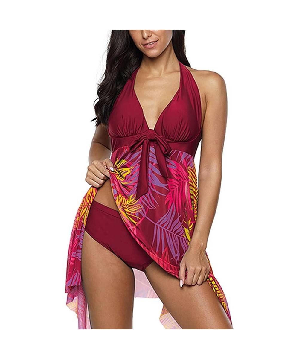 Women's Plus Size Floral Halter Swimdress Two Piece Print Swimsuit Bathing Suits - Red - CR194A8GMAY $20.34-Racing