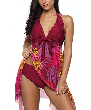 Women's Plus Size Floral Halter Swimdress Two Piece Print Swimsuit Bathing Suits - Red - CR194A8GMAY $20.34-Racing