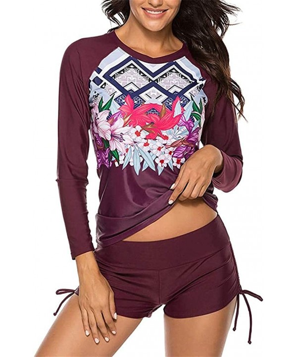 Womens Long Sleeve Vibrant Print Rashguard Shirt Side Ties Color Block Tankini Swimsuit - Wine9190 - C9196ULYIRT $31.04-Tankinis