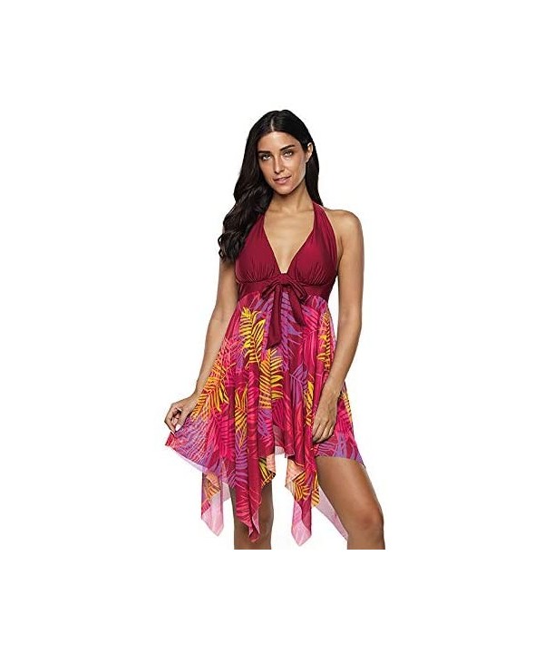 Women's Plus Size Floral Halter Swimdress Two Piece Print Swimsuit Bathing Suits - Red - CR194A8GMAY $20.34-Racing