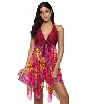 Women's Plus Size Floral Halter Swimdress Two Piece Print Swimsuit Bathing Suits - Red - CR194A8GMAY $20.34-Racing