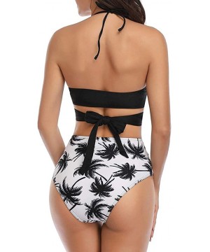 Women Swimsuits Criss Cross High Waisted Two Piece Biniki Set Bathing Suits Swimwear Beachwear - Y-black Leaf - CF196O37LXT $...