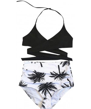 Women Swimsuits Criss Cross High Waisted Two Piece Biniki Set Bathing Suits Swimwear Beachwear - Y-black Leaf - CF196O37LXT $...