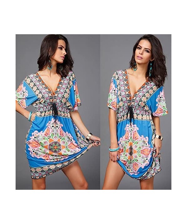 Womens Lace Short Sleeves Princess Dress Printing Beach Cover-up - Blue - CN11TXJBM35 $16.28-Cover-Ups