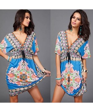 Womens Lace Short Sleeves Princess Dress Printing Beach Cover-up - Blue - CN11TXJBM35 $16.28-Cover-Ups