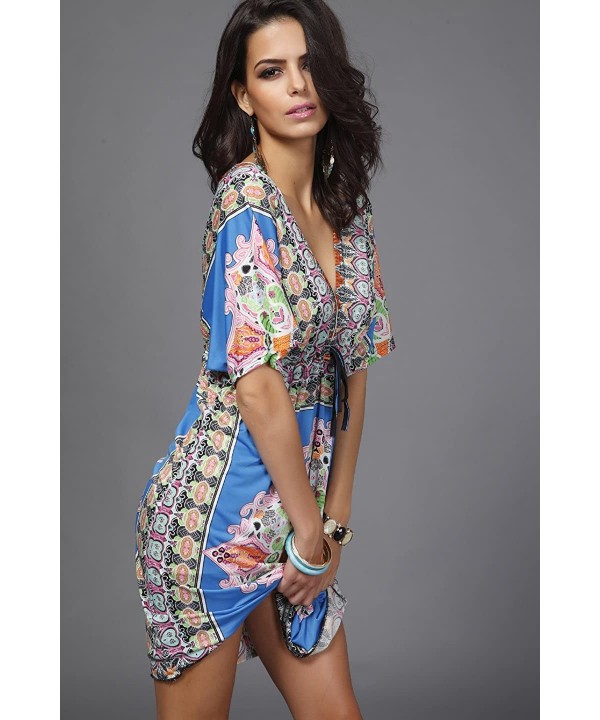 Womens Lace Short Sleeves Princess Dress Printing Beach Cover-up - Blue - CN11TXJBM35 $16.28-Cover-Ups