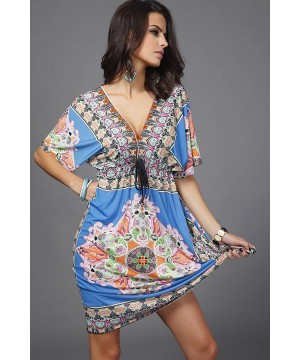 Womens Lace Short Sleeves Princess Dress Printing Beach Cover-up - Blue - CN11TXJBM35 $16.28-Cover-Ups