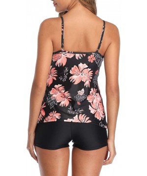 Women Tankini Swimsuits 2 Piece Flounce Printed Top with Boyshorts Bathing Suits - Black Floral - C018ADII7LG $24.18-Tankinis