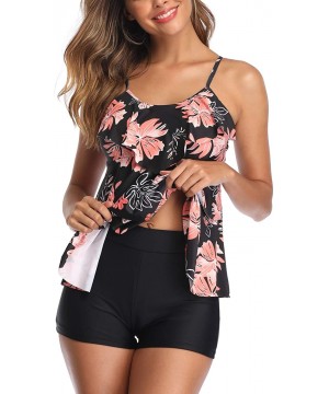 Women Tankini Swimsuits 2 Piece Flounce Printed Top with Boyshorts Bathing Suits - Black Floral - C018ADII7LG $24.18-Tankinis