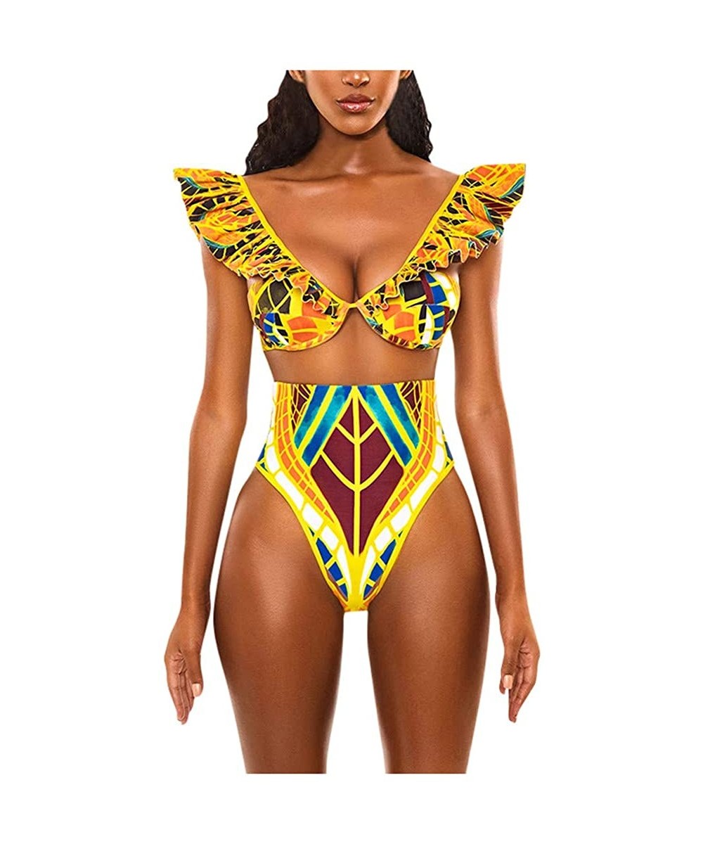 2020 Womens Summer Swimsuits- African Totem Dashiki Printed Ethnic Swimwear Push-Up Padded Novelty Beachwear - 097- Yellow - ...