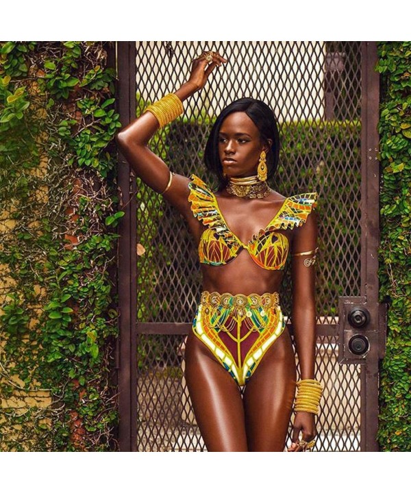 2020 Womens Summer Swimsuits- African Totem Dashiki Printed Ethnic Swimwear Push-Up Padded Novelty Beachwear - 097- Yellow - ...