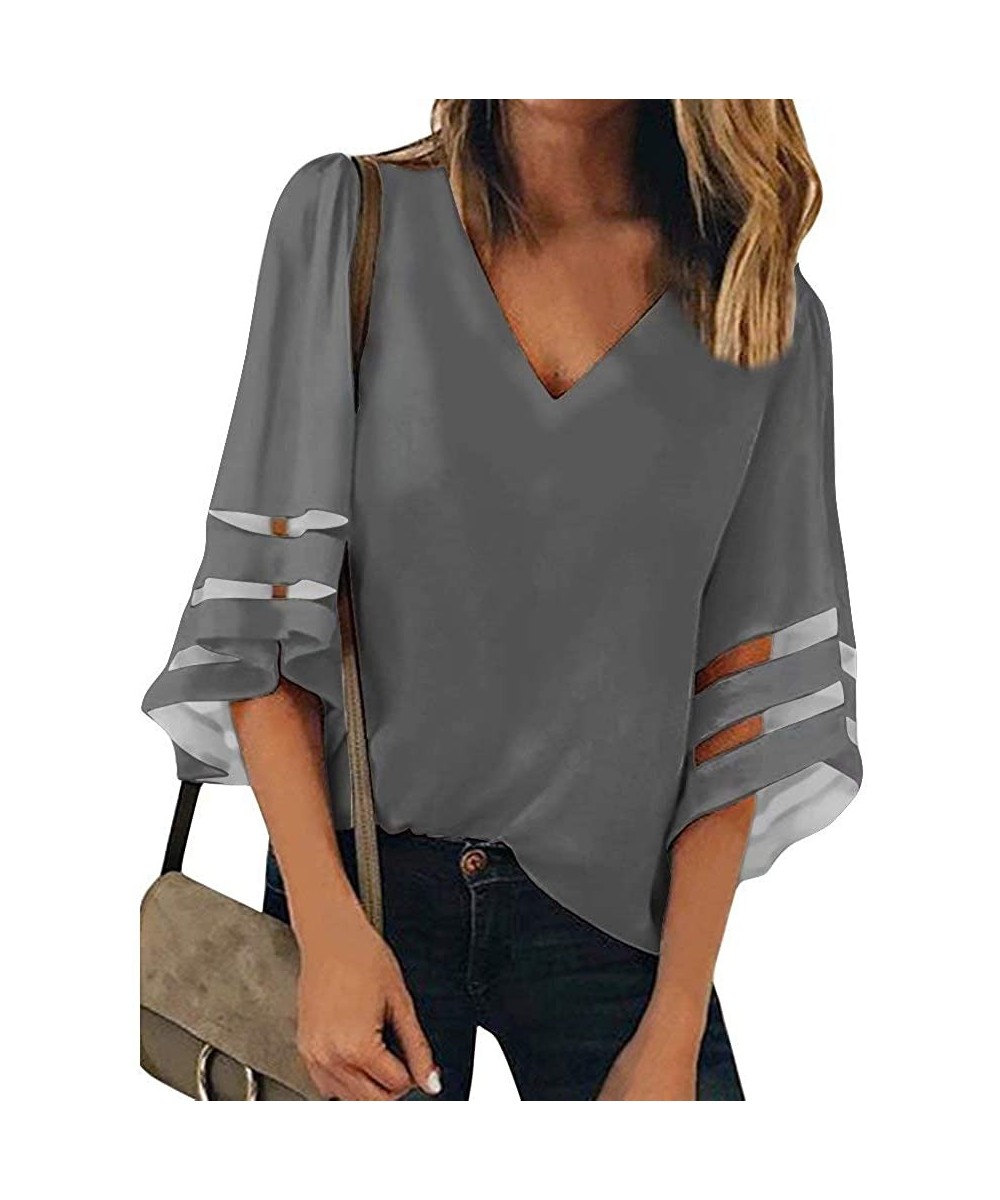 Women's V Neck Mesh Panel Patchwork 3/4 Bell Sleeve Loose Blouse Top Shirt - Dark Gray - CK192NTWEC7 $16.91-Cover-Ups