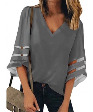 Women's V Neck Mesh Panel Patchwork 3/4 Bell Sleeve Loose Blouse Top Shirt - Dark Gray - CK192NTWEC7 $16.91-Cover-Ups