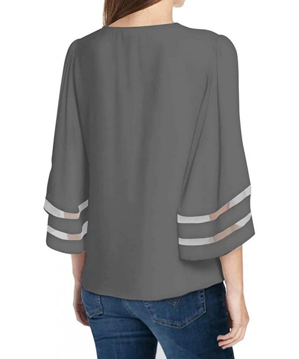 Women's V Neck Mesh Panel Patchwork 3/4 Bell Sleeve Loose Blouse Top Shirt - Dark Gray - CK192NTWEC7 $16.91-Cover-Ups