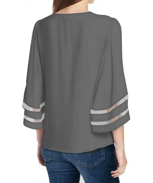 Women's V Neck Mesh Panel Patchwork 3/4 Bell Sleeve Loose Blouse Top Shirt - Dark Gray - CK192NTWEC7 $16.91-Cover-Ups