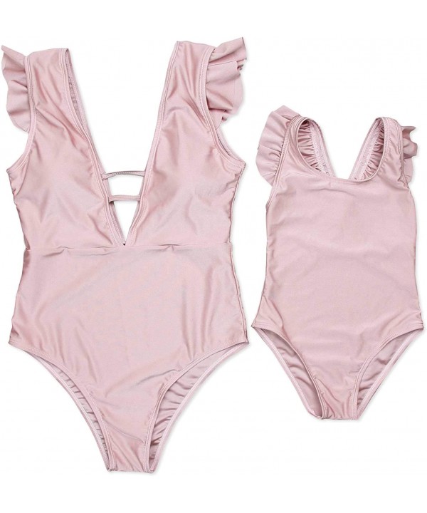 Mother Girl Swimwear Mommy and Me Matching Cute Ruffles One Piece Monokini Beach Swimwear Bathing Suit Light Pink - CS18GUGRG...