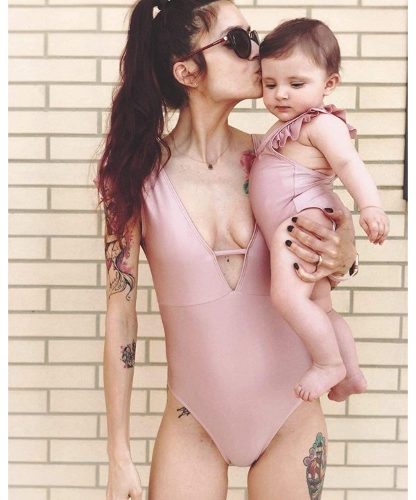 Mother Girl Swimwear Mommy and Me Matching Cute Ruffles One Piece Monokini Beach Swimwear Bathing Suit Light Pink - CS18GUGRG...