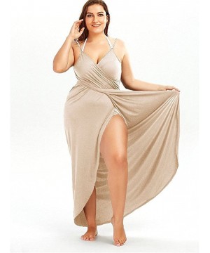 Women Plus Size Spaghetti Strap Backless V Neck Cover Up Beach Dress Bikini Cover Up with Headband - Khaki - CQ18DL498YL $18....