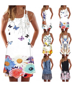 Summer Dresses for Women Beach 3D Butterfly Floral Print Sleeveless Vintage Bohe Tank Short Mini Dress - Ya-white - CL19D8K2C...