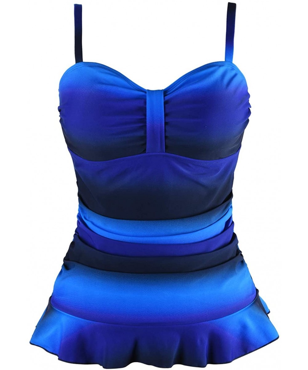 Women's Swim Top Padded Ruffle Hem Shirred Swimwear Tankini Swimsuit Top - Blue&black - C0196OK8UX3 $28.73-Tops