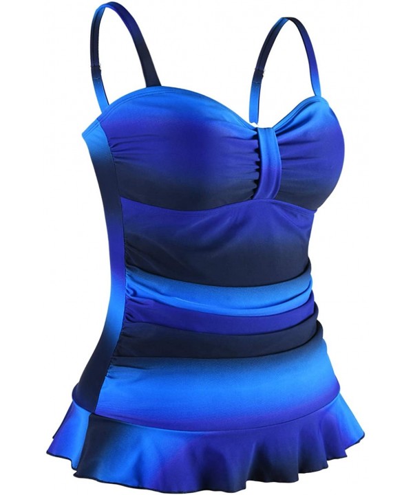 Women's Swim Top Padded Ruffle Hem Shirred Swimwear Tankini Swimsuit Top - Blue&black - C0196OK8UX3 $28.73-Tops