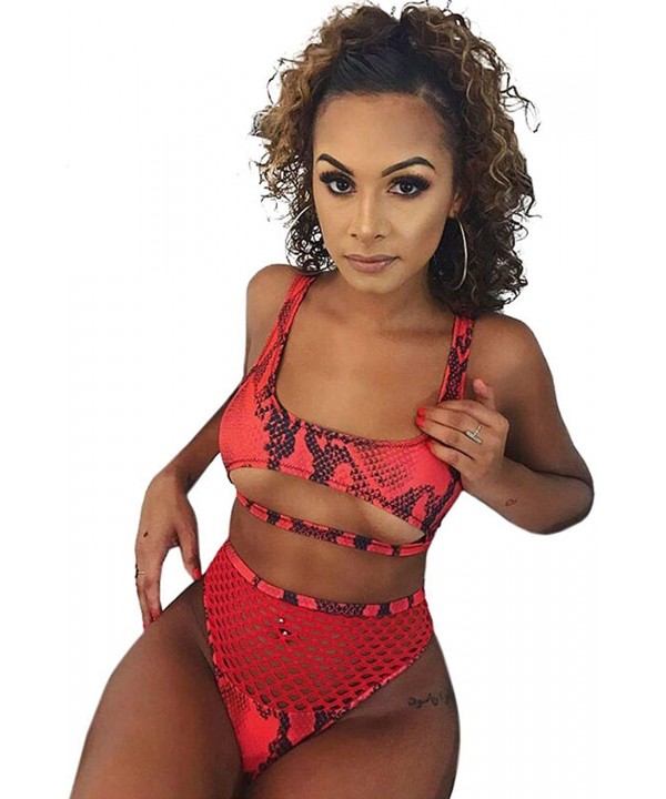 Women's African Print Two Piece Swimsuit Lace up Bandage Bikini Set High Cut Thong Bathing Suits - Red Snake - CC18IEMZMIN $2...