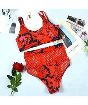 Women's African Print Two Piece Swimsuit Lace up Bandage Bikini Set High Cut Thong Bathing Suits - Red Snake - CC18IEMZMIN $2...