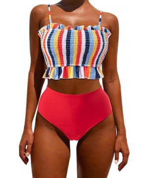 Women's Bandeau Bikini Sets Cute Shirred Swimsuit High Waisted Bathing Suit - 58-rainbow - CE199UE7LKC $22.17-Sets