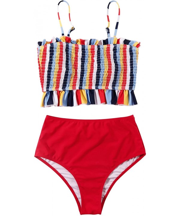 Women's Bandeau Bikini Sets Cute Shirred Swimsuit High Waisted Bathing Suit - 58-rainbow - CE199UE7LKC $22.17-Sets