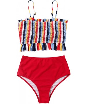 Women's Bandeau Bikini Sets Cute Shirred Swimsuit High Waisted Bathing Suit - 58-rainbow - CE199UE7LKC $22.17-Sets