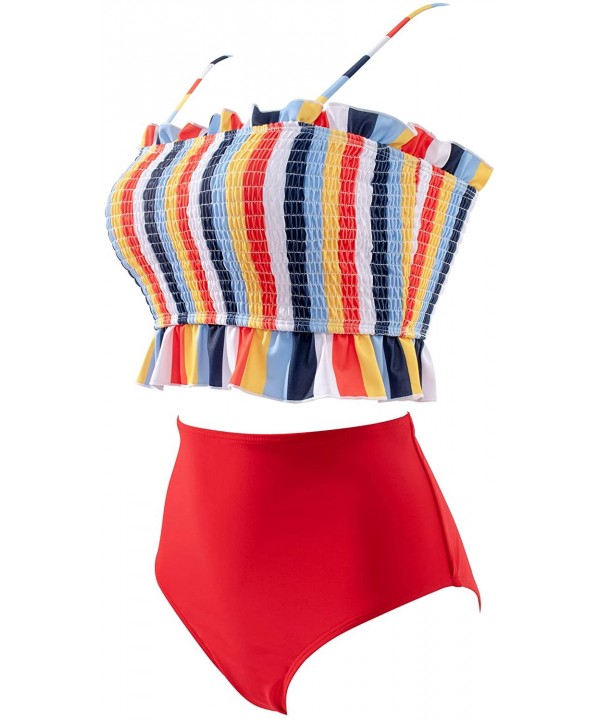 Women's Bandeau Bikini Sets Cute Shirred Swimsuit High Waisted Bathing Suit - 58-rainbow - CE199UE7LKC $22.17-Sets