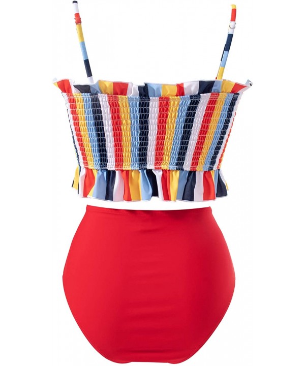 Women's Bandeau Bikini Sets Cute Shirred Swimsuit High Waisted Bathing Suit - 58-rainbow - CE199UE7LKC $22.17-Sets