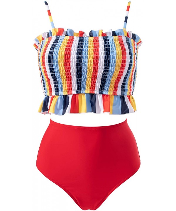 Women's Bandeau Bikini Sets Cute Shirred Swimsuit High Waisted Bathing Suit - 58-rainbow - CE199UE7LKC $22.17-Sets