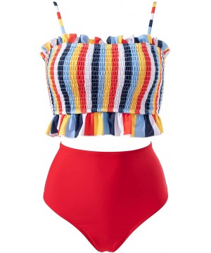 Women's Bandeau Bikini Sets Cute Shirred Swimsuit High Waisted Bathing Suit - 58-rainbow - CE199UE7LKC $22.17-Sets