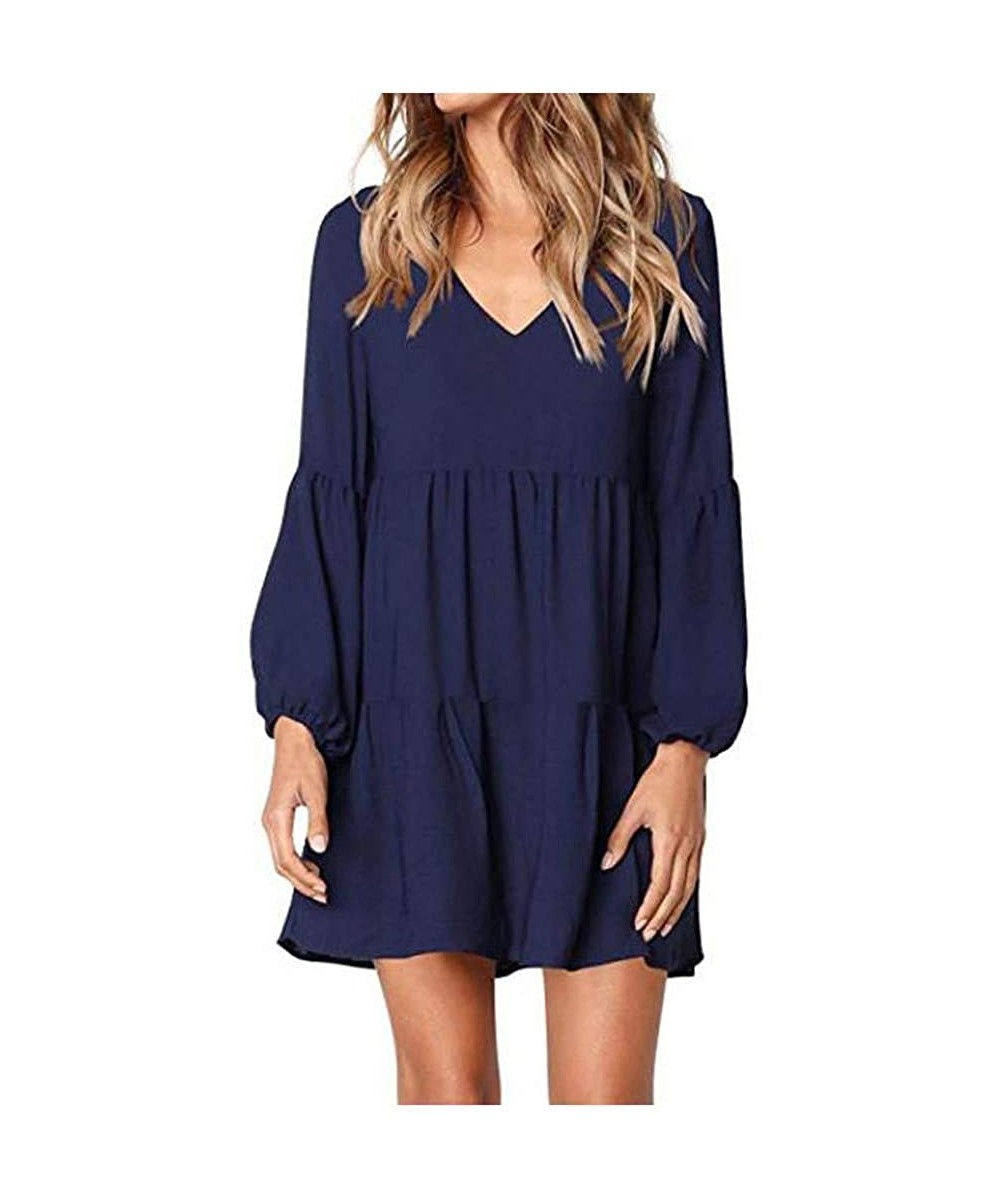 Dresses for Women Casual Fall Women Summer Tunic Dress V Neck 3/4 Sleeve Casual Loose Flowy Swing Shift Dresses Z3 blue - CE1...